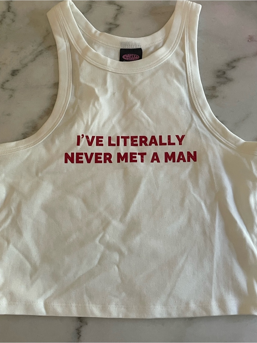NWOT Cherry Kitten size medium White Graphic Tank Top Never Met A Man cropped